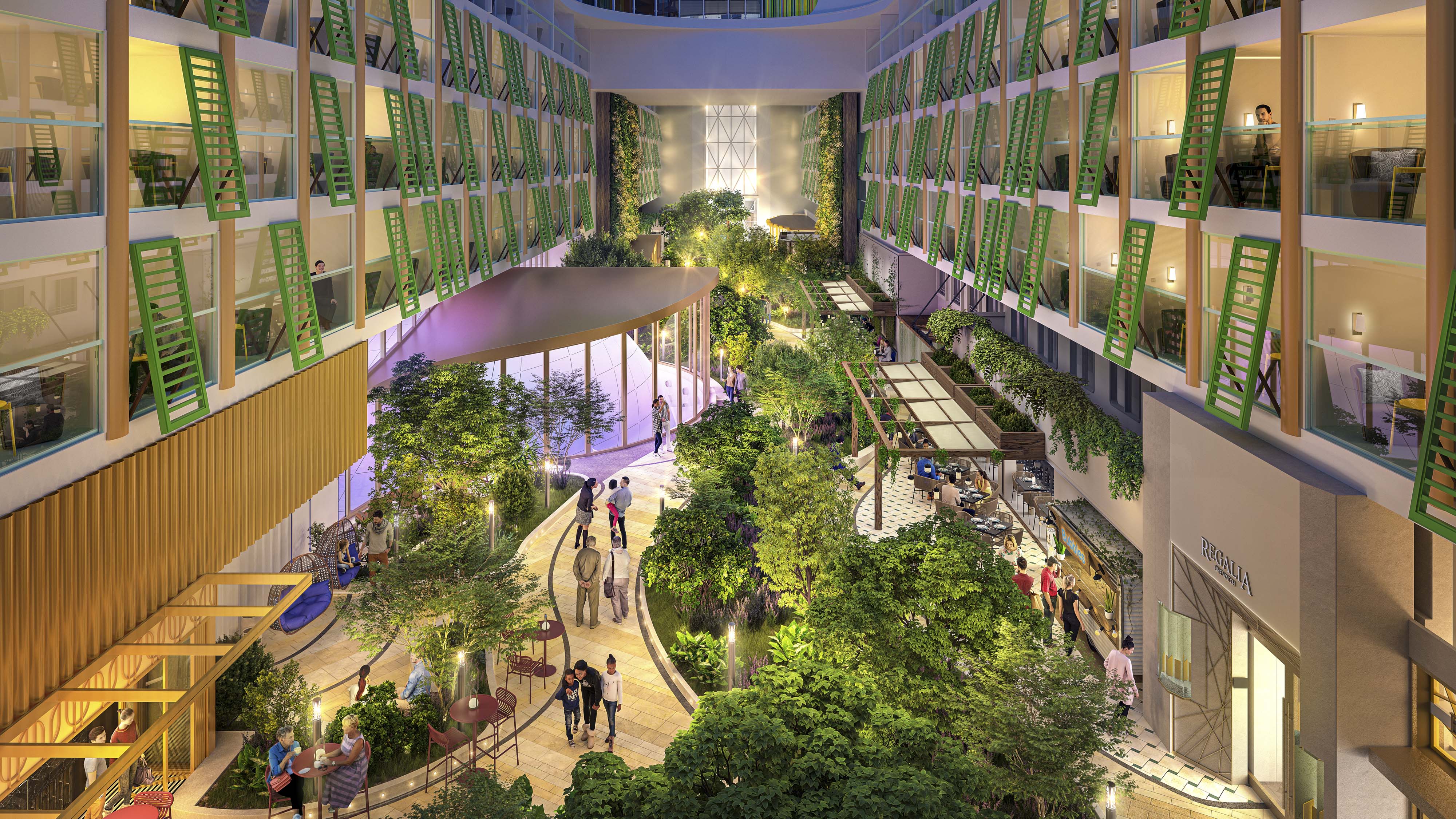 Skibet har sit eget frodige sted ombord, med tusindvis af ægte planter, servering og levende musik.