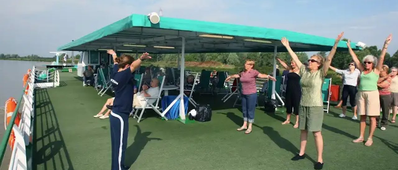 Morning yoga on sun deck